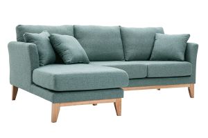 Canapé d'angle gauche déhoussable scandinave en tissu vert de gris et bois clair 3-4 places OSLO