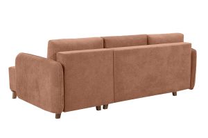 Canapé d'angle convertible et réversible 3-4 places en tissu effet velours terre brûlée et bois clair ROMANE