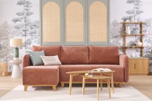 Canapé d'angle convertible et réversible 3-4 places en tissu effet velours terre brûlée et bois clair ROMANE
