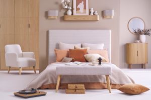 Banc scandinave capitonné en tissu effet velours texturé beige et bois clair L96 cm GUESTA
