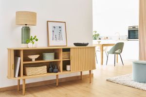 Buffet vintage bois clair chêne avec rangements 2 portes coulissantes L180 cm EPIC