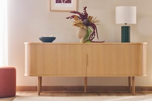 Buffet vintage bois clair chêne avec rangements 2 portes coulissantes L180 cm EPIC