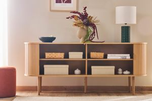 Buffet vintage bois clair chêne avec rangements 2 portes coulissantes L180 cm EPIC
