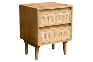 Table de chevet en bois manguier massif et cannage rotin avec rangements 2 tiroirs ACANGE