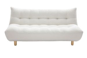 Canapé convertible scandinave 3 places en tissu effet laine bouclée blanc et bois clair YUMI