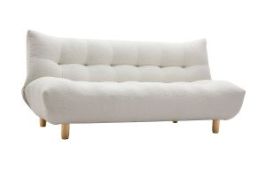 Canapé convertible scandinave 3 places en tissu effet laine bouclée blanc et bois clair YUMI