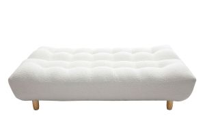 Canapé convertible scandinave 3 places en tissu effet laine bouclée blanc et bois clair YUMI