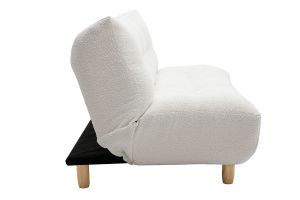 Canapé convertible scandinave 3 places en tissu effet laine bouclée blanc et bois clair YUMI