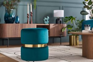 Pouf rond en velours bleu pétrole et métal doré D40 cm JOY