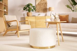 Pouf rond en tissu effet laine bouclée blanc cassé et métal doré D54 cm AMAYA