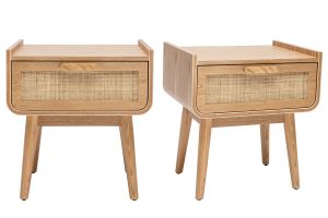 Comodini con cassetto in legno massello chiaro e motivo a intreccio in rattan (set di 2) ATHÈNE