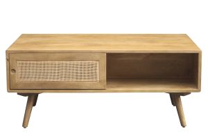 Table basse rectangulaire avec rangements en bois manguier massif et cannage rotin L100 cm ACANGE