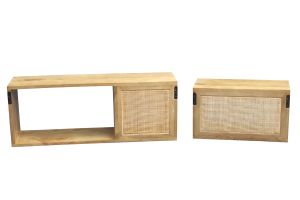 Étagères niches murales gigognes en bois manguier massif et cannage rotin L80 cm (lot de 2) ACANGE
