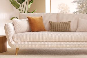 Canapé scandinave 3 places en tissu velours côtelé écru et bois clair CREEP