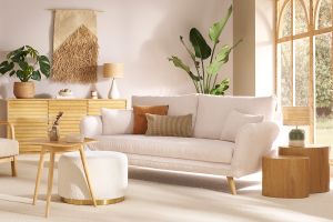 Canapé scandinave 3 places en tissu velours côtelé écru et bois clair CREEP