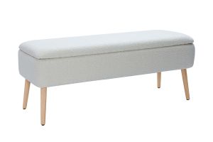 Banc coffre effet laine bouclée blanc et bois clair massif L120 cm LARS