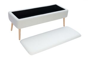 Banc coffre effet laine bouclée blanc et bois clair massif L120 cm LARS