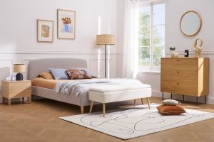 Banc coffre effet laine bouclée blanc et bois clair massif L120 cm LARS