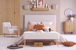 Banc coffre effet laine bouclée blanc et bois clair massif L120 cm LARS