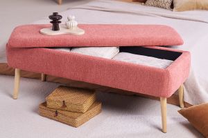 Banc coffre en tissu effet velours texturé terracotta et bois clair massif L120 cm LARS