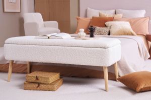 Banc coffre effet laine bouclée blanc et bois clair massif L120 cm LARS