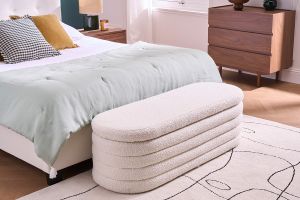 Banc coffre en tissu effet laine bouclée blanc L125 cm NAVY