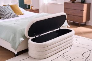 Banc coffre en tissu effet laine bouclée blanc L125 cm NAVY