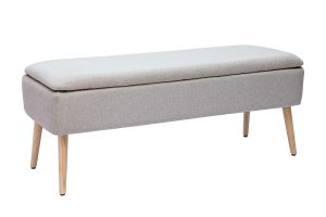 Banc coffre en tissu effet velours texturé beige et bois clair massif L120 cm LARS