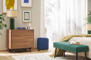 Pouf rond en velours bleu marine et métal doré D40 cm AMAYA