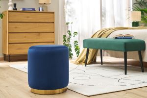 Pouf rond en velours bleu marine et métal doré D40 cm AMAYA