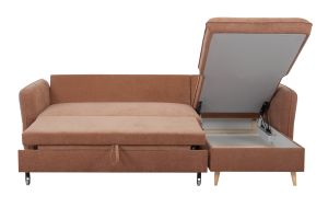 Canapé d'angle convertible réversible avec coffre 3-4 places en tissu effet velours terre brûlée et bois clair DRISS