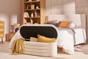 Banc coffre en tissu effet laine bouclée blanc L125 cm NAVY