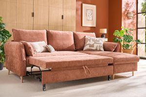 Canapé d'angle convertible réversible avec coffre 3-4 places en tissu effet velours terre brûlée et bois clair DRISS