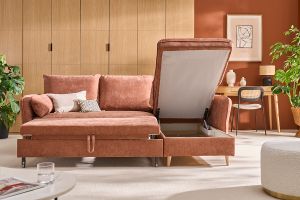 Canapé d'angle convertible réversible avec coffre 3-4 places en tissu effet velours terre brûlée et bois clair DRISS