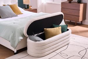 Banc coffre en tissu effet laine bouclée blanc L125 cm NAVY