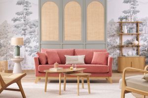 Canapé scandinave déhoussable 3 places en tissu effet velours texturé terracotta et bois clair OSLO