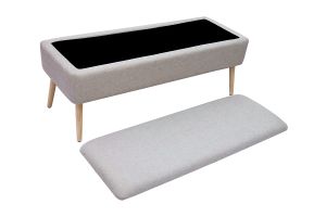 Banc coffre en tissu effet velours texturé beige et bois clair massif L120 cm LARS