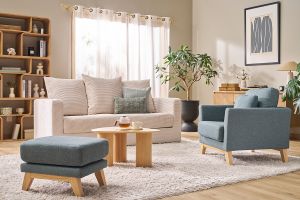 Pouf repose-pieds déhoussable scandinave en tissu vert de gris et bois clair OSLO