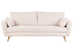 Canapé scandinave 3 places en tissu velours côtelé écru et bois clair CREEP
