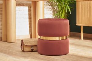 Pouf rond en velours bleu rouge tomette et métal doré D40 cm JOY