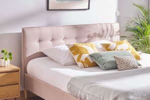 Lit 2 places 160x200 cm avec tête de lit en tissu beige LEONCE