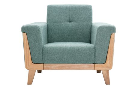 Fauteuil scandinave en tissu vert de gris et bois clair FJORD