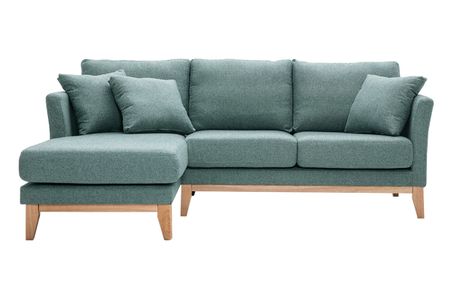 Canapé d'angle gauche déhoussable scandinave en tissu vert de gris et bois clair 3-4 places OSLO