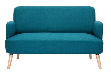 Canapé scandinave 2 places en tissu bleu canard et bois clair ISKO