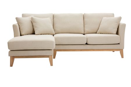 Canapé d'angle gauche scandinave en tissu beige déhoussable et bois clair 3-4 places OSLO