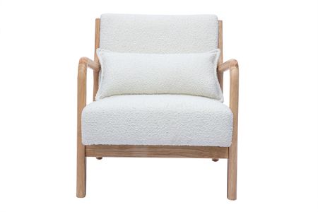 Fauteuil scandinave en tissu effet laine bouclée blanc et bois clair massif DERRY