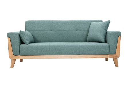 Canapé scandinave 3 places en tissu vert de gris et bois clair FJORD