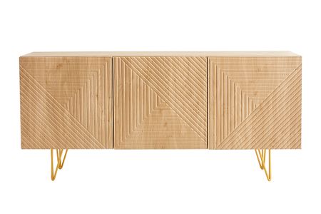 Buffet design gravé finition bois clair chêne et métal doré 3 portes L160 cm OZEN