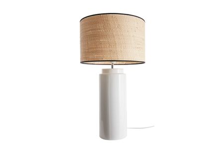 Lampe à poser en céramique émaillée blanche et abat-jour en raphia naturel H64 cm MAJES