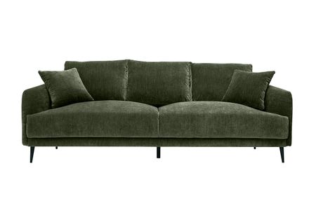 Canapé design 3 places en tissu effet velours vert kaki et métal noir JERRY